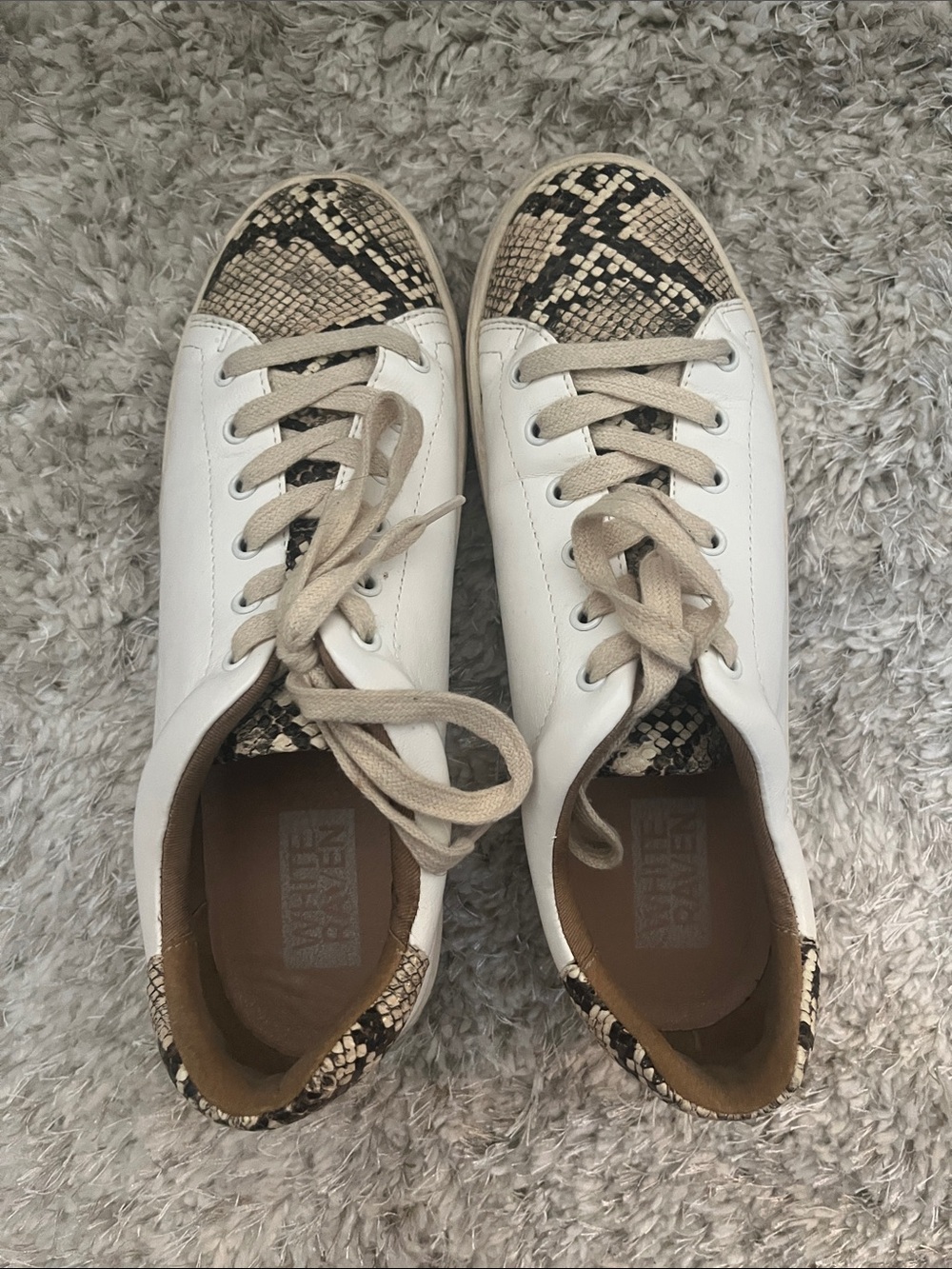 White Raven Leather Women's Sneakers with Snake-Print Accents